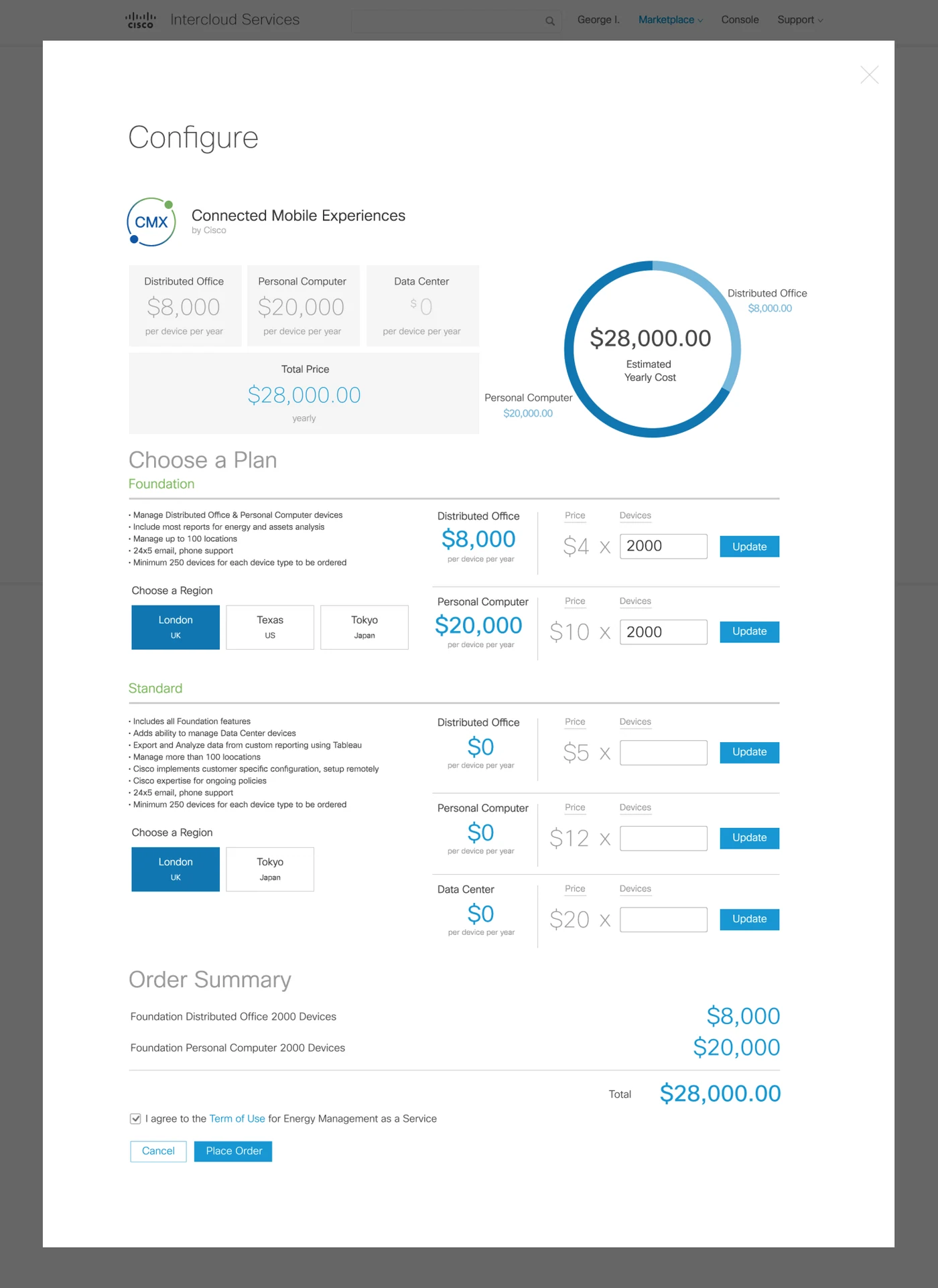 Checkout with configuration and a live order summary