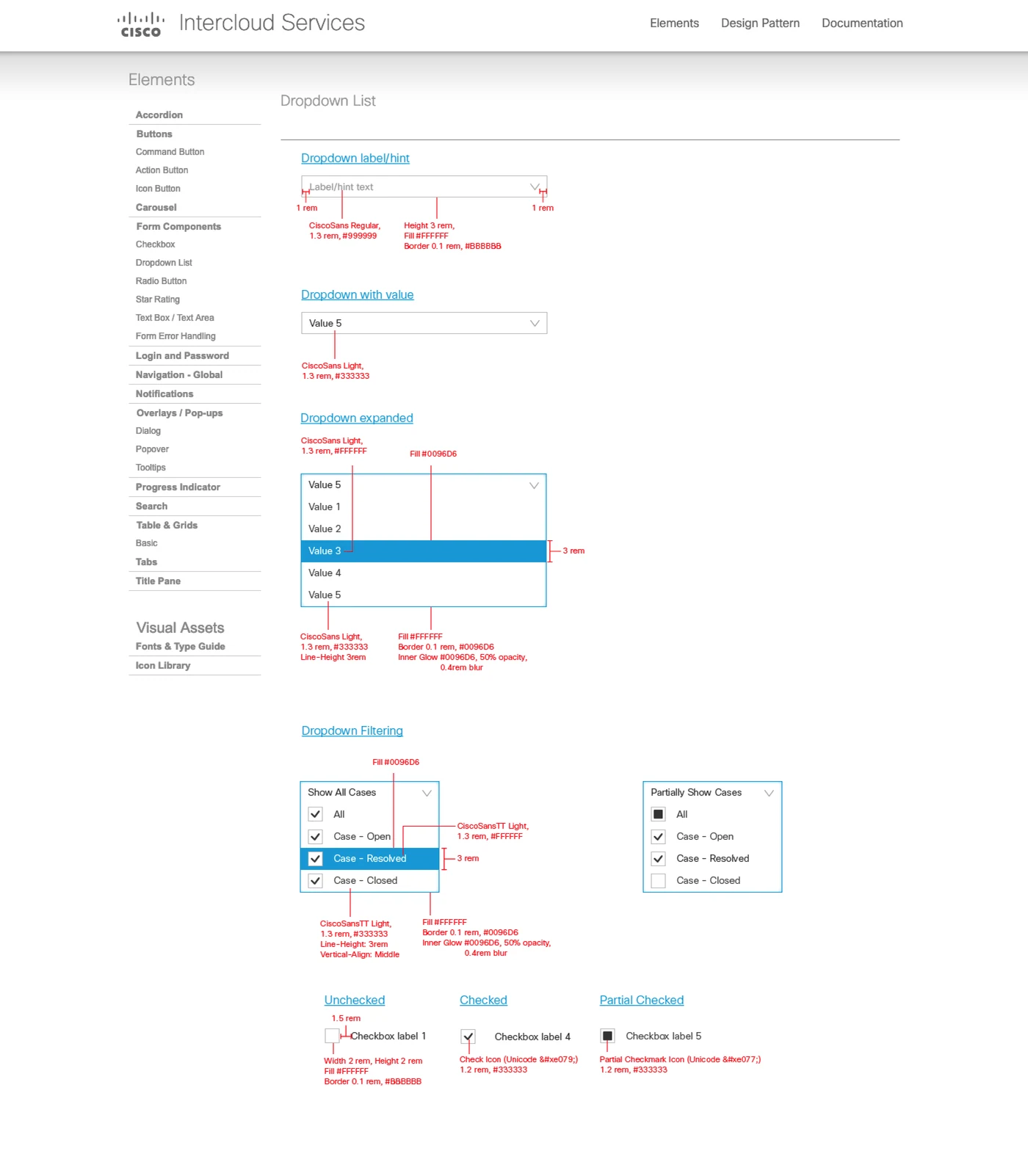 Design specification page: Dropdown lists