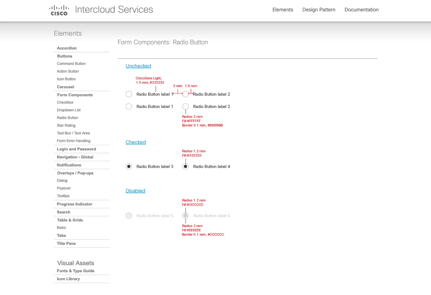 Design specification page: Radio buttons