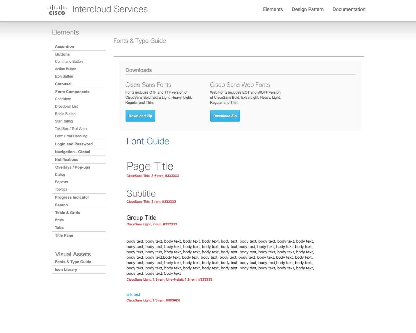 Design specification page: Font and type guide