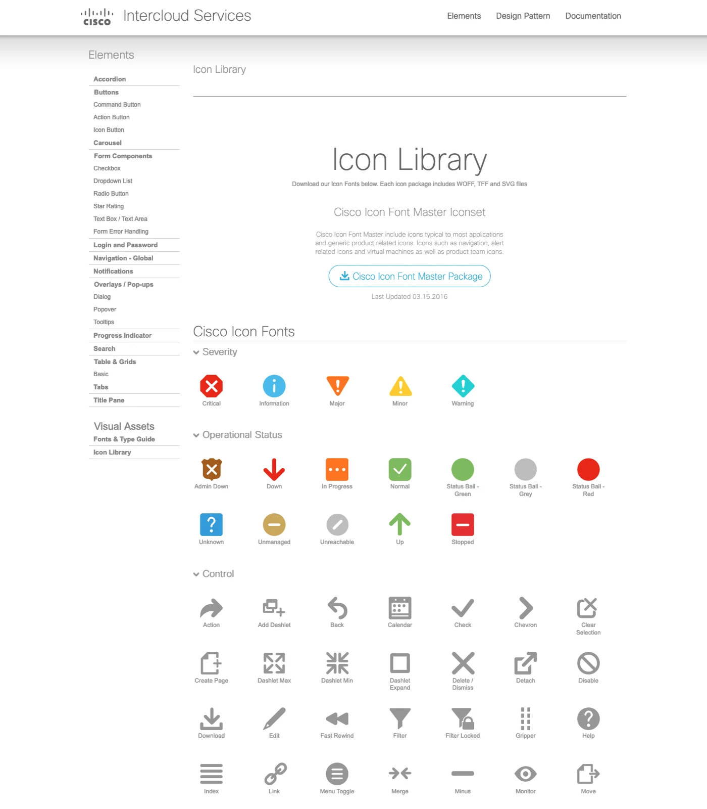 Design specification page: Icon library